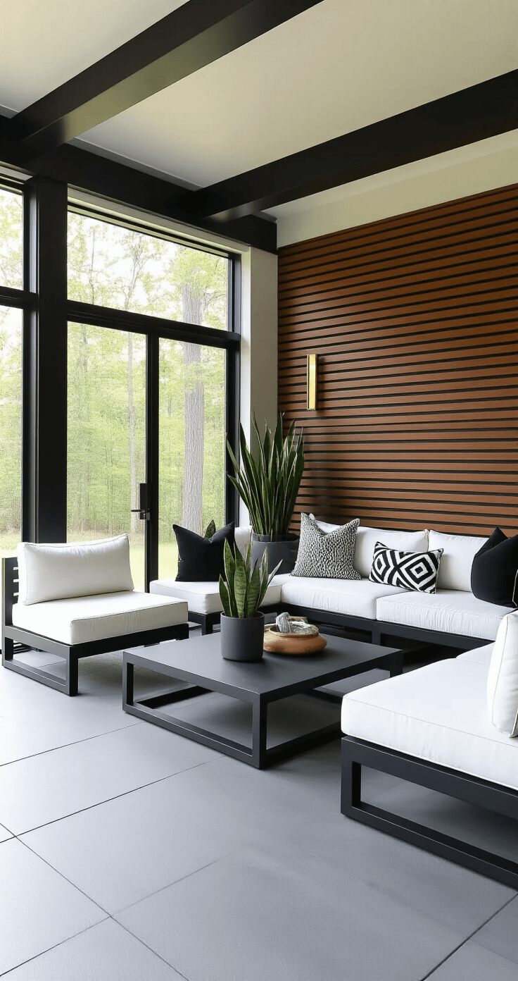 Transform Your Front Porch: The Ultimate Screening Guide for Comfort and Style Modern minimalist screened porch with sleek black aluminum framing, motorized screens, polished charcoal grey concrete flooring, white modular seating, dark walnut accent wall, and minimal decor.