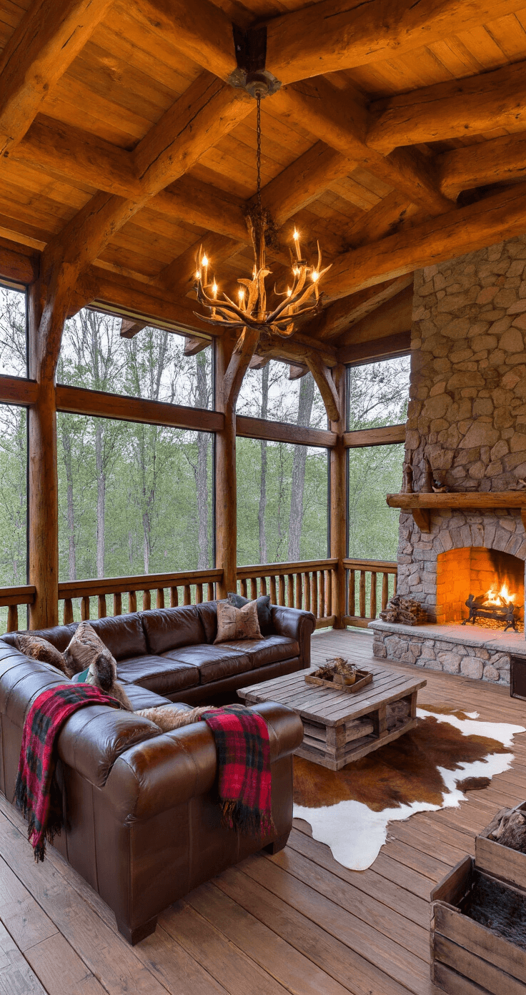Transform Your Front Porch: The Ultimate Screening Guide for Comfort and Style Cozy rustic screened porch with log beams, cedar framing, reclaimed oak flooring, oversized leather sectional, stone fireplace, antler chandelier, and layered decor in warm earth tones.