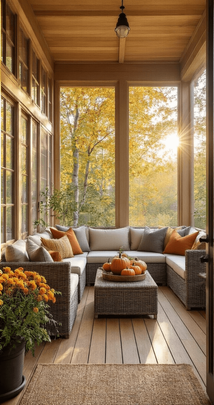 Transform Your Front Porch: The Ultimate Screening Guide for Comfort and Style Seasonally adaptable screened porch with cedar framing and retractable screens, featuring bamboo flooring and modular aluminum furniture in neutral tones, adorned with autumn decor including rust and gold blankets, pumpkins, and ambient lanterns, all illuminated by golden afternoon light.