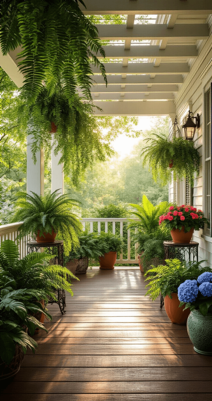 Photorealistic image of a small front porch adorned with lush greenery in golden hour lighting, featuring vibrant potted ferns, coral-pink dipladenia, and blue hydrangeas against white clapboard siding, all set on a rustic wooden deck.