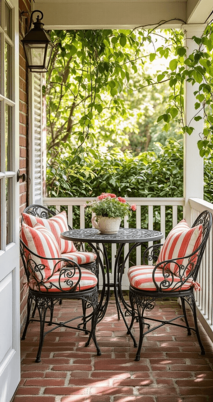 Intimate porch corner with vintage wrought iron bistro set, distressed patina, coral and aqua striped cushions, weathered brick flooring, white wood railing with jasmine vines, soft afternoon lighting creating warm shadows.