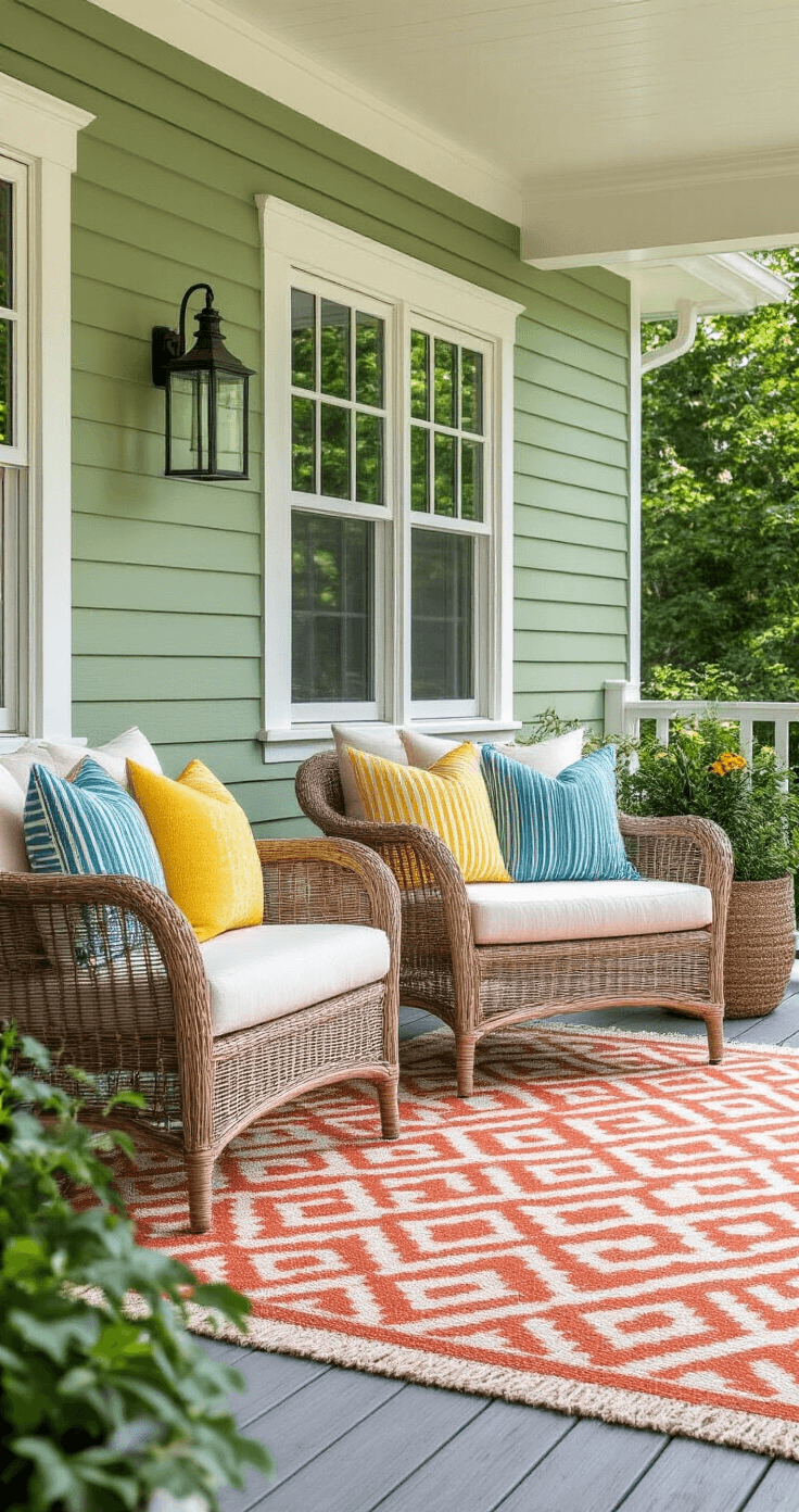A vibrant outdoor porch vignette with layered textiles, featuring a geometric coral and navy rug on gray composite decking, an oversized wicker chair adorned with sunshine yellow and aqua pillows, and striped canvas cushions in a summer palette, all under bright midday sun against a sage green house trim.