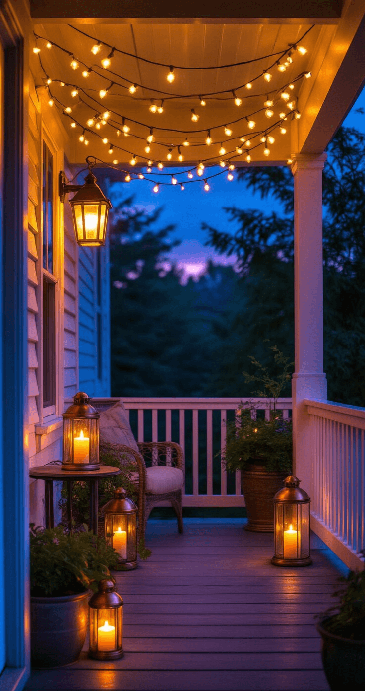 A cozy porch scene at twilight, featuring warm white solar string lights and brushed copper lanterns illuminating weathered wood surfaces, with flickering candles creating an intimate atmosphere against a deep purple sky.