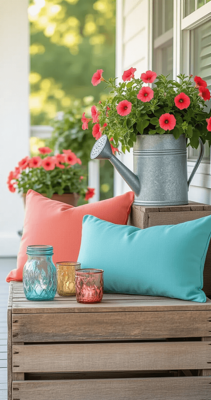 A budget-friendly porch scene featuring a vintage galvanized watering can as a planter for trailing petunias, clustered glass votives on a reclaimed wooden crate side table, and colorful throw pillow covers in coral and teal on a simple wooden bench, all illuminated by bright morning light, showcasing creative and eclectic charm with a mix of vintage and DIY elements.