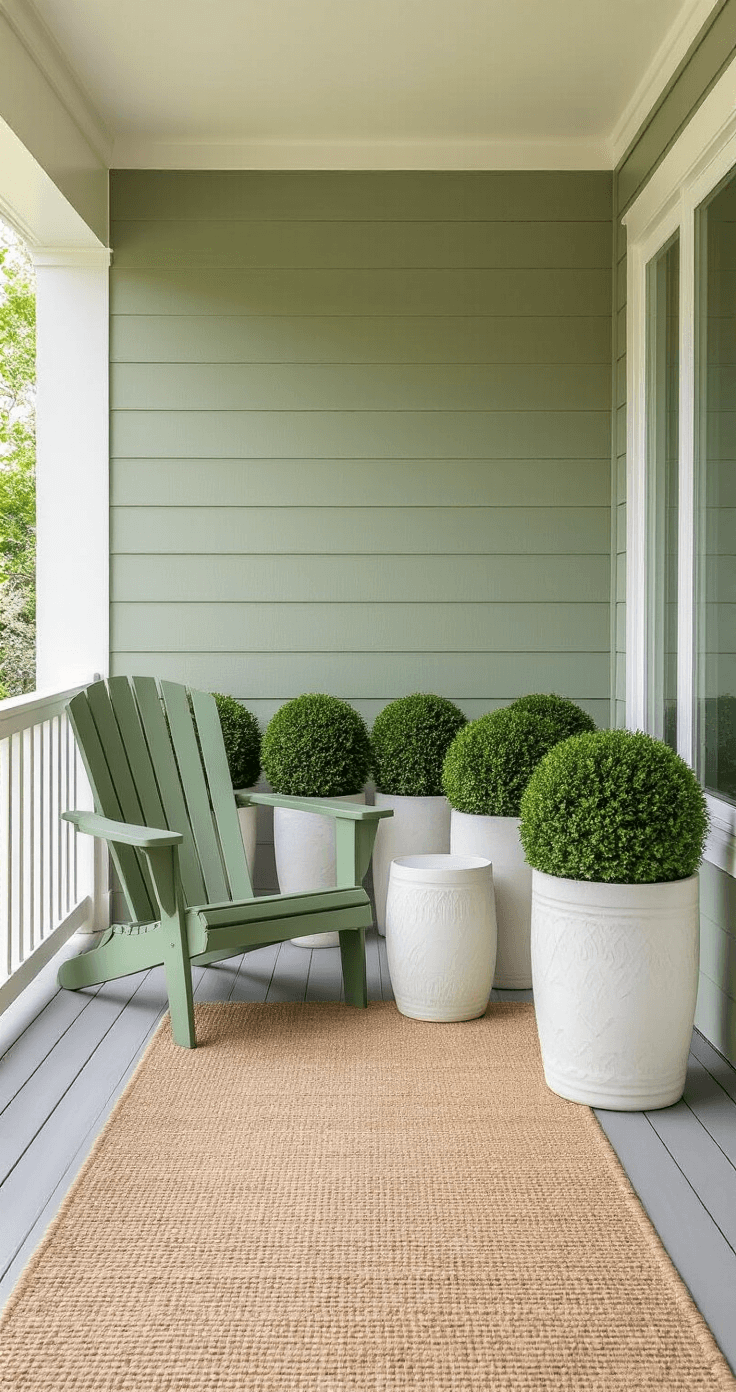 Minimalist small porch design in sage green and cream, featuring a single Adirondack chair and matching side table, with boxwood topiaries in white ceramic planters and a natural jute rug, all captured in soft overcast light to emphasize symmetry and simplicity.