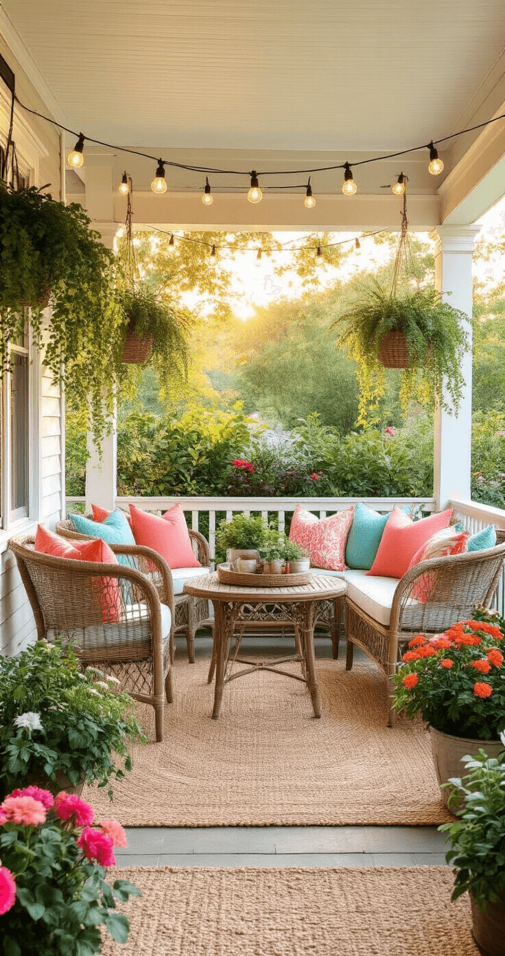 A cozy summer porch decorated with tiered greenery, bistro seating in coral and aqua textiles, twinkling string lights, and vibrant potted flowers, illuminated by warm golden light at sunset.