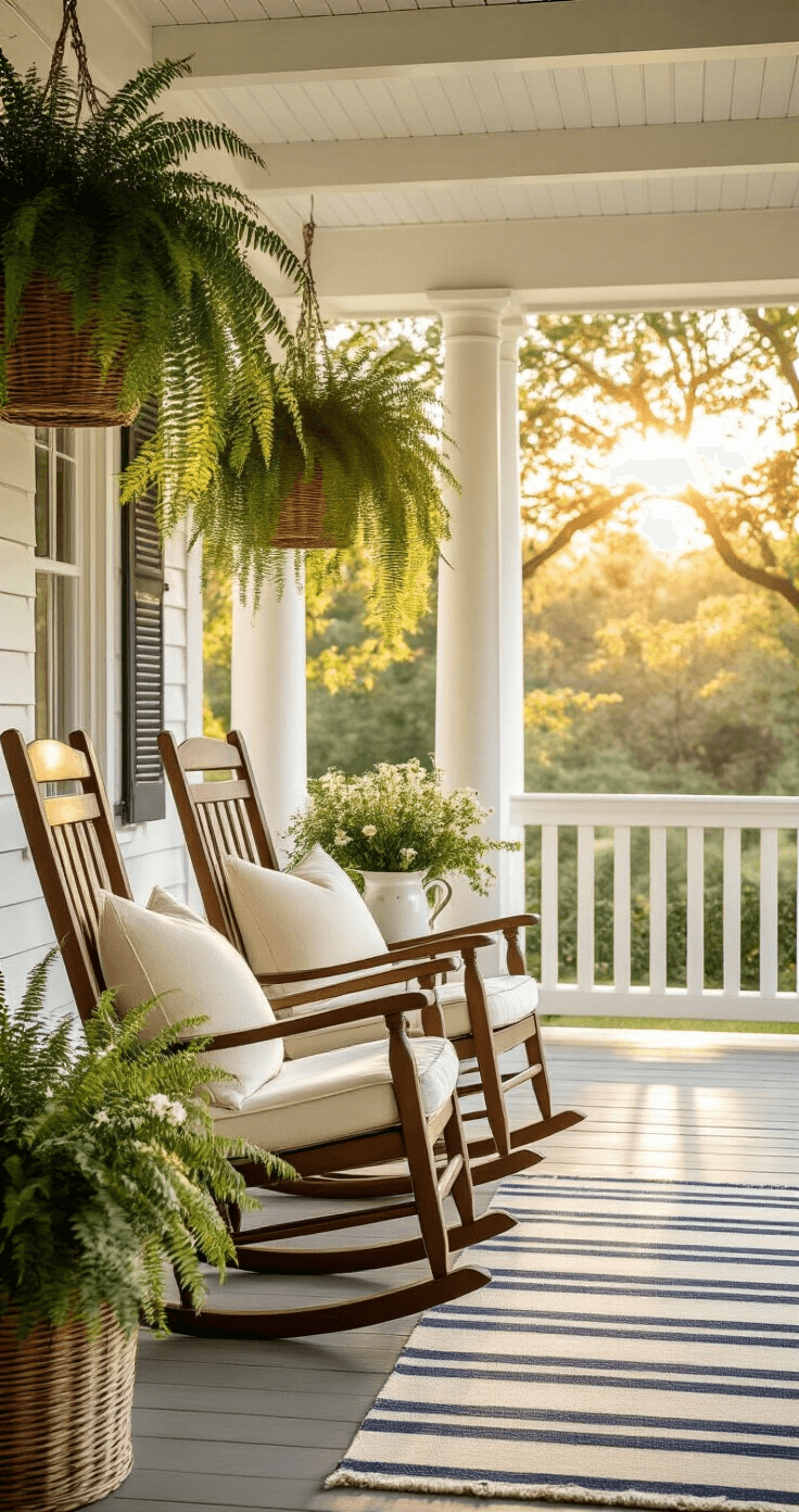 Wide-angle shot of a traditional farmhouse porch during golden hour, featuring white columns, matching mahogany rocking chairs with cream cushions, hanging ferns, a vintage milk jug with wildflowers, and a striped rug. The scene is illuminated by soft natural light filtering through oak trees, creating a serene and nostalgic atmosphere.
