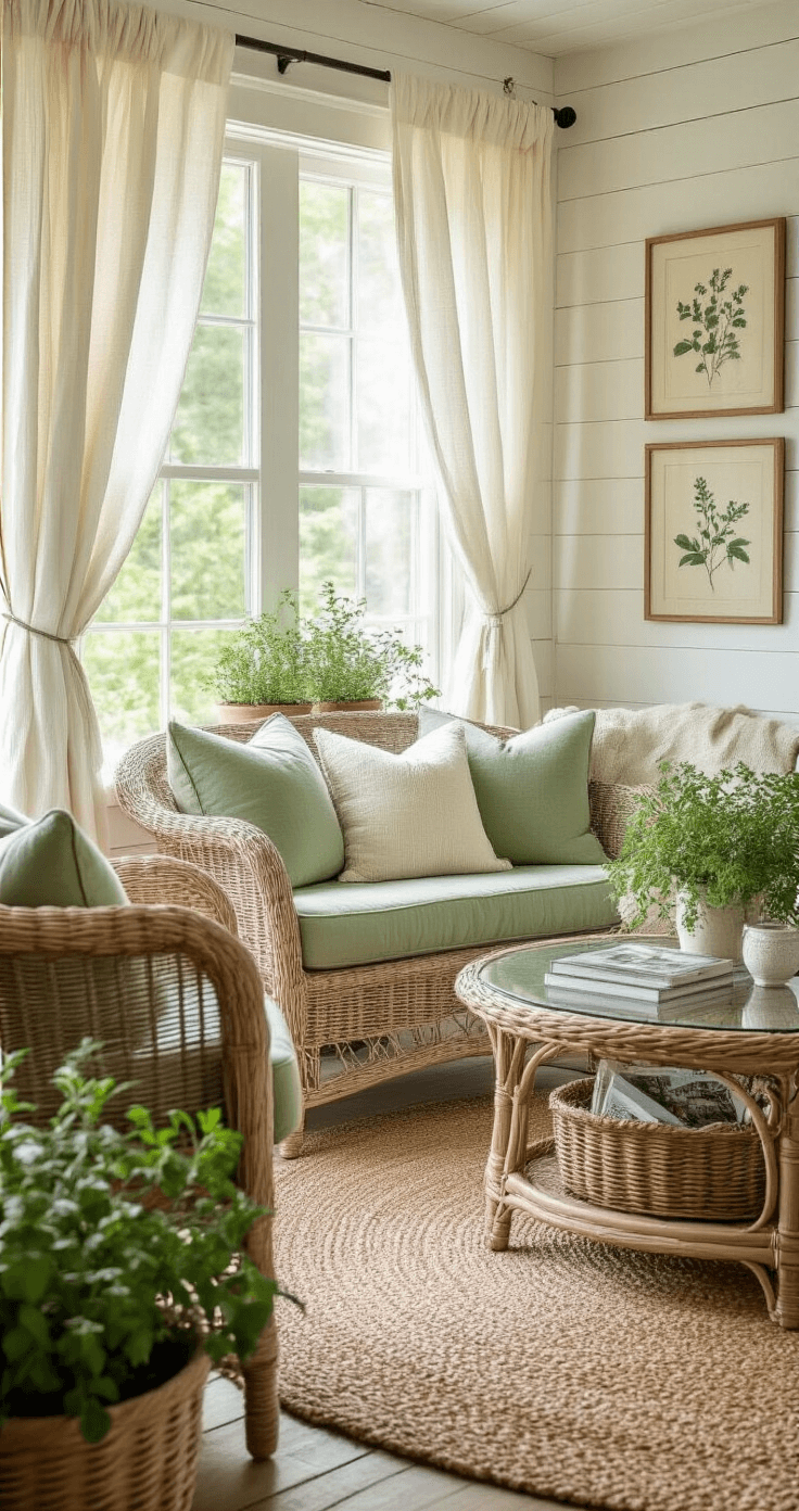 Close-up of a cozy cottage-style enclosed porch bathed in soft morning light, featuring a natural wicker loveseat and armchair with sage green cushions, a round glass-top coffee table, layered textures of a jute rug and linen throws, and potted herbs on the windowsill amidst a cream and seafoam color palette.