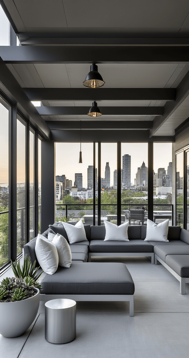 Contemporary covered porch featuring a charcoal gray modular sectional with geometric white pillows, sleek aluminum side tables, and modern planters with succulents, set against a steel beam ceiling and glass railings, illuminated by late afternoon light with a striking urban skyline visible through the glass.