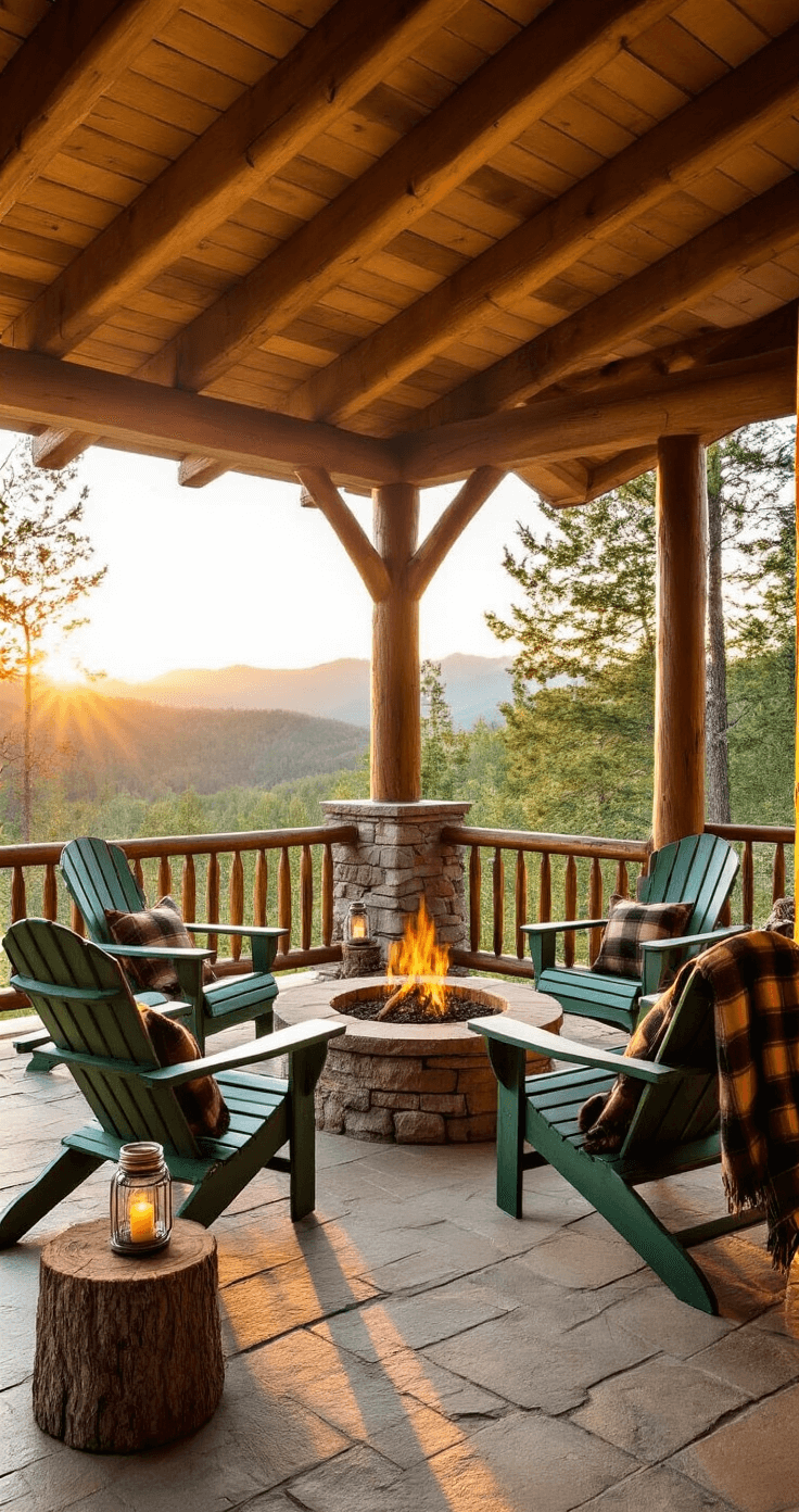 Rustic cabin porch with wooden log construction, featuring forest green Adirondack chairs, a stone fire bowl on a flagstone patio, and wool plaid blankets. Mason jar lanterns on tree stump tables, a natural pine ceiling with exposed rafters, stone columns, and a mountain vista in the background create a cozy and warm outdoor retreat atmosphere during sunset.