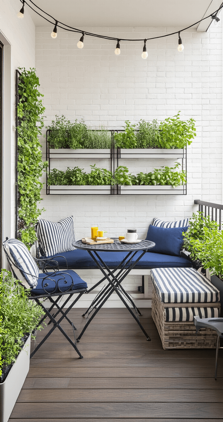 A cozy urban balcony featuring a foldable bistro set with navy cushions, a vertical herb garden, and a storage bench that doubles as seating. The space is decorated with small potted plants for privacy, string lights overhead, and is designed for efficient space utilization with bright midday light illuminating the white brick walls and dark stained wood flooring.