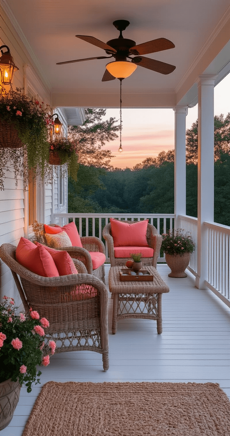 A spacious wraparound porch at twilight, featuring multiple furniture groupings like a wicker conversation set with coral cushions and a vintage reading nook with a rocker. The white-painted floorboards and decorative ceiling fans complement the hanging baskets of trailing flowers. Warm white string lights twinkle against a lavender and peach sunset, creating a romantic cottage atmosphere.
