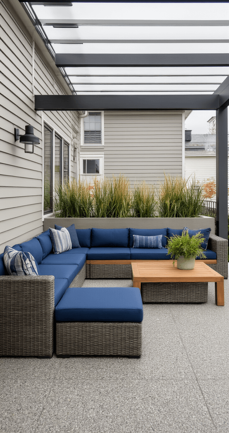 Weather-resistant modern porch featuring a powder-coated aluminum sectional with navy marine-grade fabric, a teak accent table, and a synthetic wicker storage ottoman, set on concrete aggregate flooring under a steel pergola with built-in planters and ornamental grasses, designed in an industrial style with warm accents and pops of ocean blue on an overcast day.