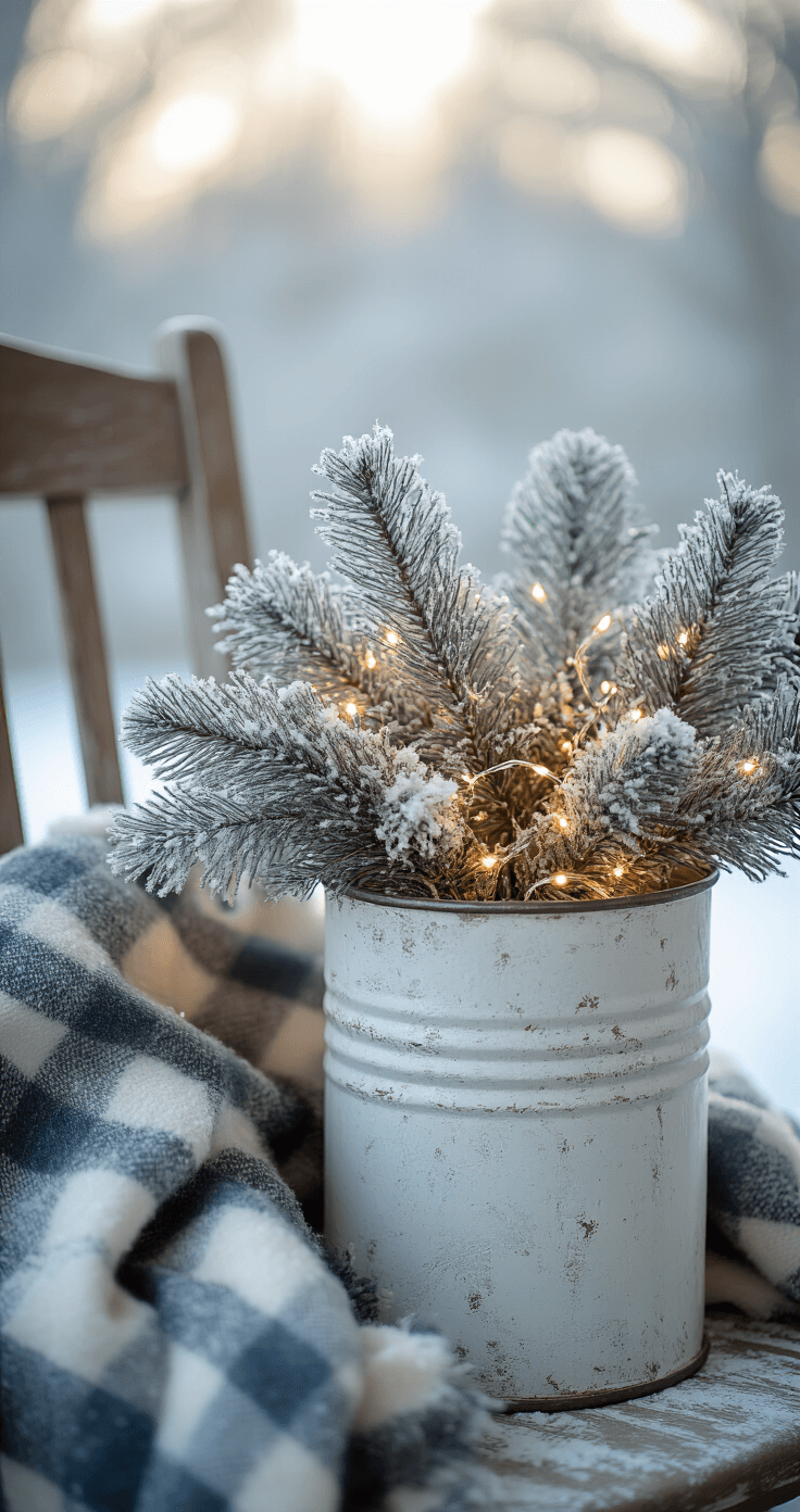 Milk Can Front Porch Decor: Transforming Your Entryway with Vintage Charm Close-up of a winter porch vignette featuring a distressed milk can filled with snow-dusted faux pine branches and warm white fairy lights, alongside a cozy plaid throw draped over a vintage chair. The scene showcases a cool blue-gray and warm white color palette with metallic silver accents, set against frosty textures and a soft bokeh background.