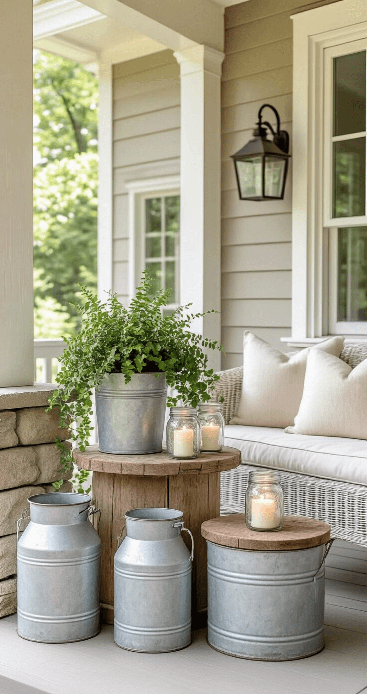 Milk Can Front Porch Decor: Transforming Your Entryway with Vintage Charm A charming porch corner with a layered display of milk cans, one serving as a planter for trailing ivy and another as a rustic side table for mason jar candles, against a backdrop of whitewashed wood siding and a stone foundation, featuring vintage wicker furniture in a neutral palette of cream, soft gray, and natural green.