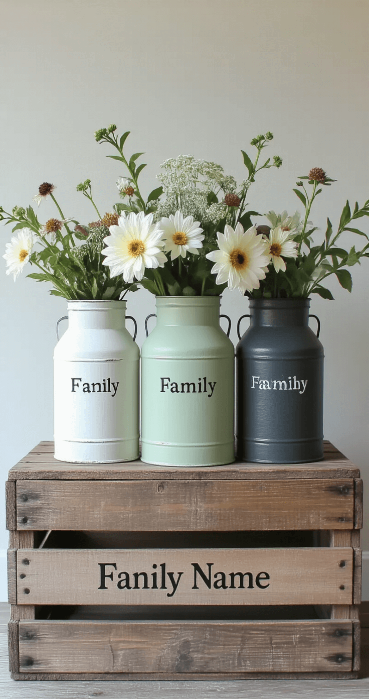 Milk Can Front Porch Decor: Transforming Your Entryway with Vintage Charm Detail shot of three custom painted milk cans in chalk white, sage green, and charcoal black with a hand-stenciled family name, arranged on a vintage wooden crate alongside seasonal flowers, all in soft overcast lighting with a shallow depth of field.