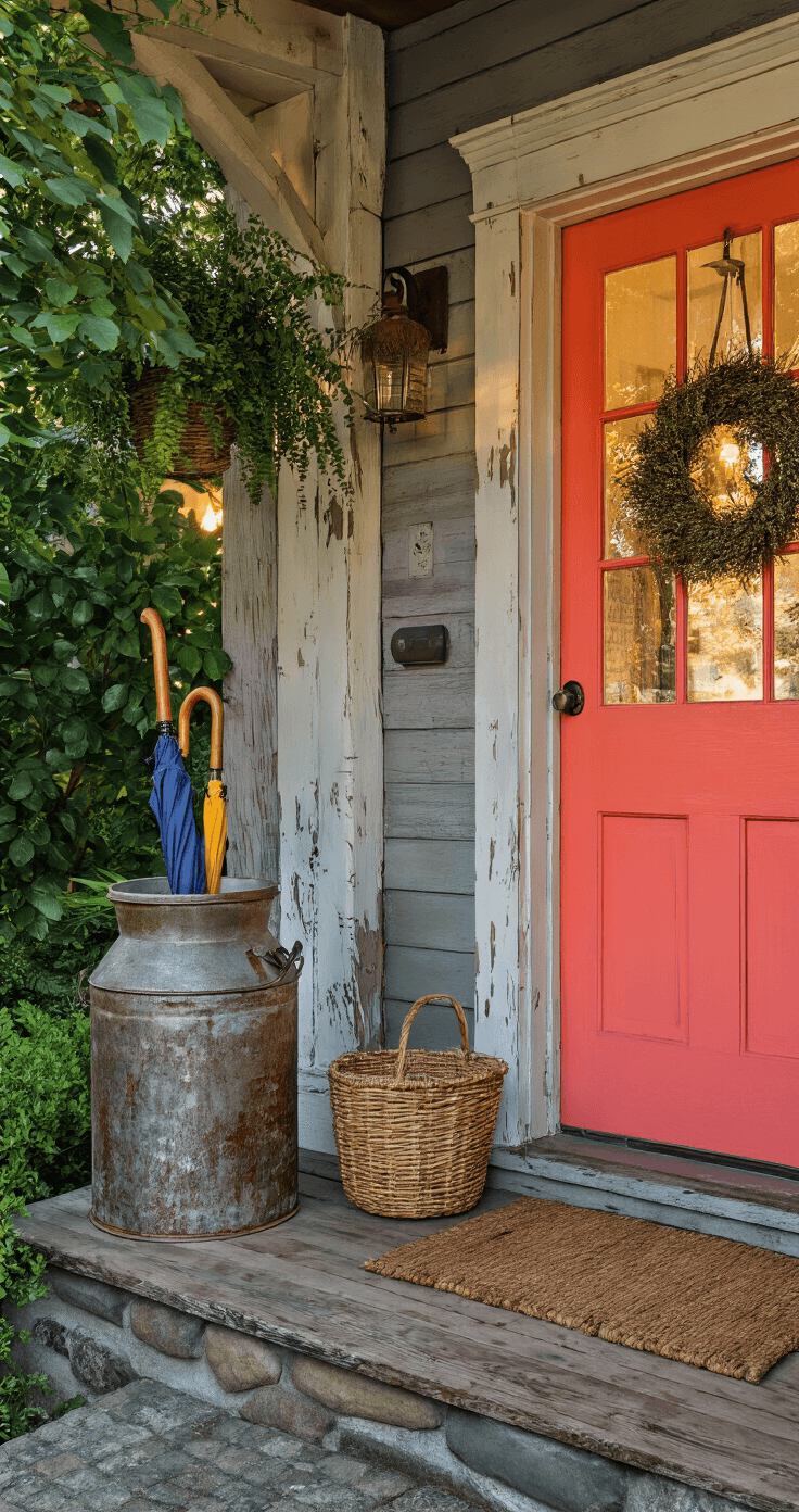 Milk Can Front Porch Decor: Transforming Your Entryway with Vintage Charm Medium-wide shot of a bohemian farmhouse porch featuring a vintage milk can as an umbrella stand beside a bright coral door with cream trim, showcasing a mix of weathered metal, painted wood, and woven baskets in warm evening light.