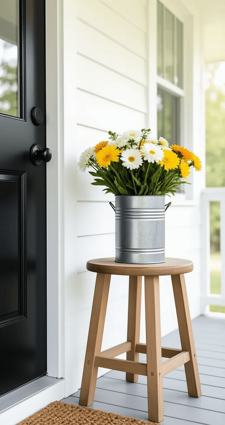 Milk Can Front Porch Decor: Transforming Your Entryway with Vintage Charm A bright and inviting porch featuring a thrift store wooden stool with a simple milk can filled with grocery store flowers. The clean white porch is accented by a simple black door, showcasing a fresh color palette of white, soft yellow, and natural metal, highlighting a budget-friendly transformation with minimal yet impactful styling.