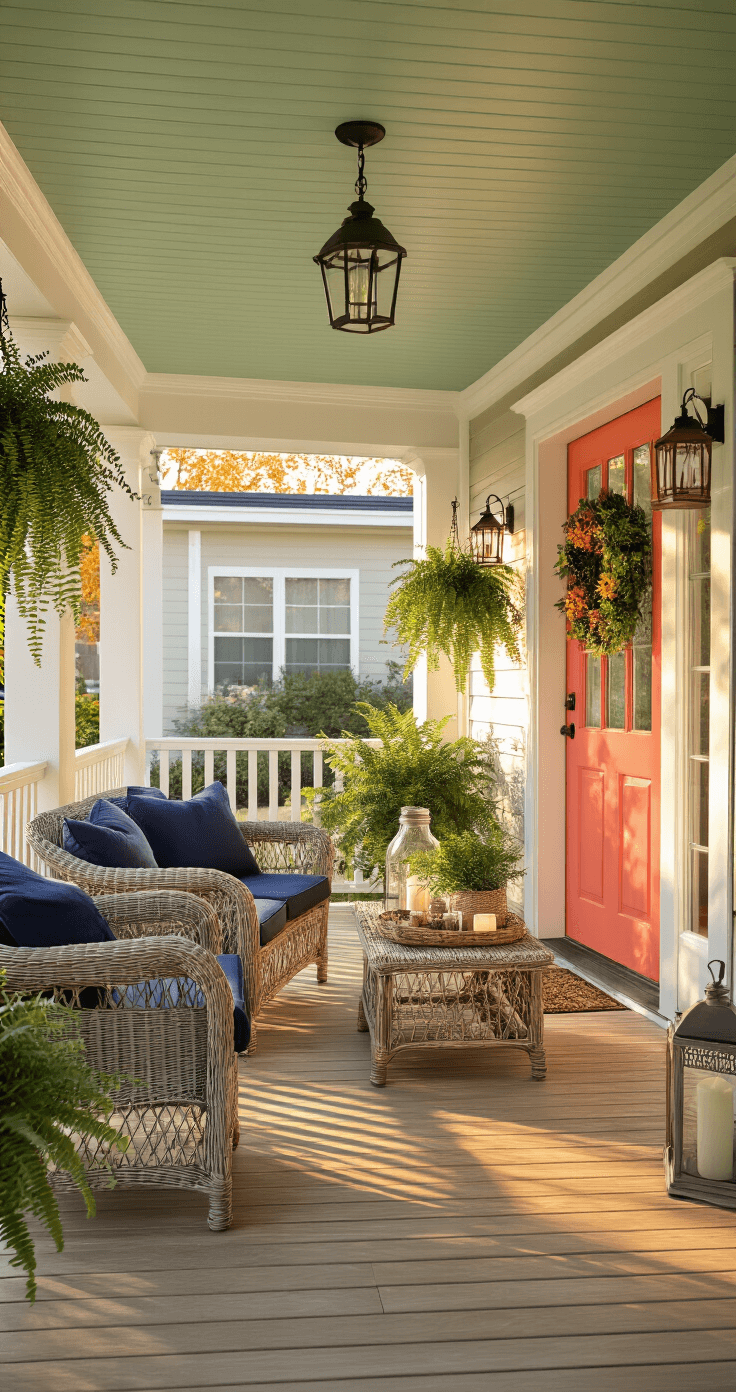Photorealistic image of a cozy mobile home front porch during golden hour, featuring white columns, a sage green ceiling, wicker furniture with navy cushions, hanging ferns, cedar plank flooring, and a bright coral front door, accentuated by vintage mason jar lanterns and seasonal autumn wreaths.