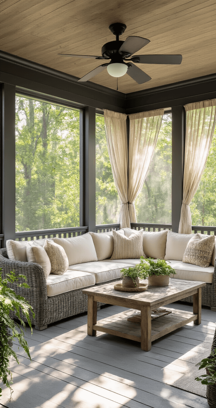 A cozy screened-in porch featuring charcoal aluminum frames, dappled sunlight, cream sectional seating, a rustic coffee table, and potted plants, with weathered gray composite decking and mosquito netting, creating a serene outdoor living ambiance.
