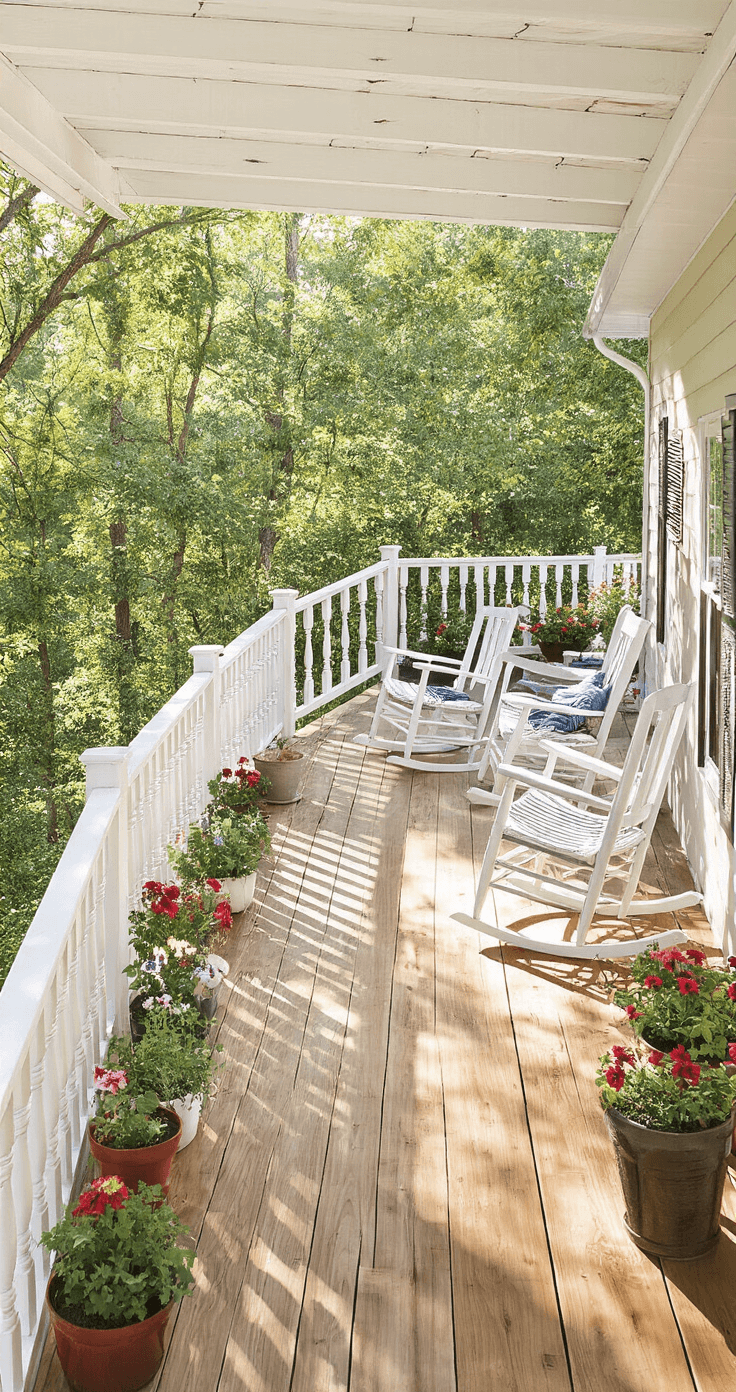 Wraparound deck of a mobile home in morning light, featuring pressure-treated lumber with natural wood stain, adorned with white outdoor rocking chairs, decorative railings, potted flowers, and vintage porch swings, showcasing a classic Southern charm aesthetic.