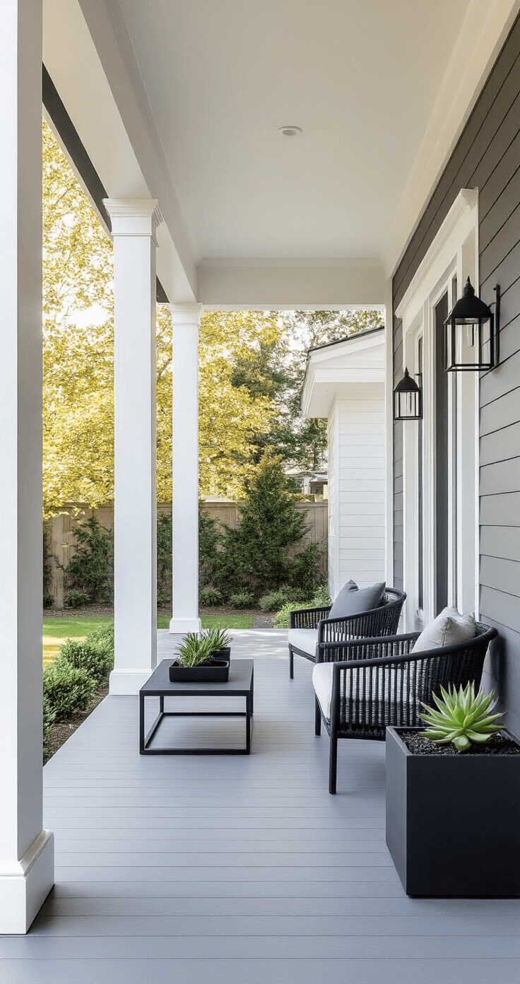 A modern minimalist porch featuring sleek aluminum columns, concrete gray decking, simple black metal furniture, and monochromatic white and charcoal design elements, accented by minimal planters with architectural succulents, all captured in bright mid-morning lighting with a crisp, straight photographic angle.