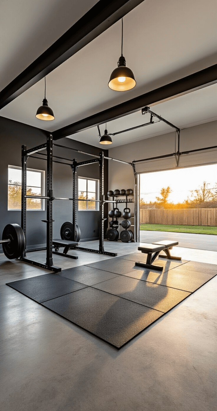 Transform Your Garage into a Personal Fitness Haven: Ultimate Home Gym Guide A spacious modern home gym in a two-car garage, featuring polished concrete floors, interlocking rubber mats, a steel squat rack with a loaded Olympic barbell, and an adjustable bench, all illuminated by golden hour light through the open garage door. The gym is decorated with wall-mounted kettlebell and plate storage, industrial pendant lighting, a charcoal gray and black color palette, and motivational wall decals.