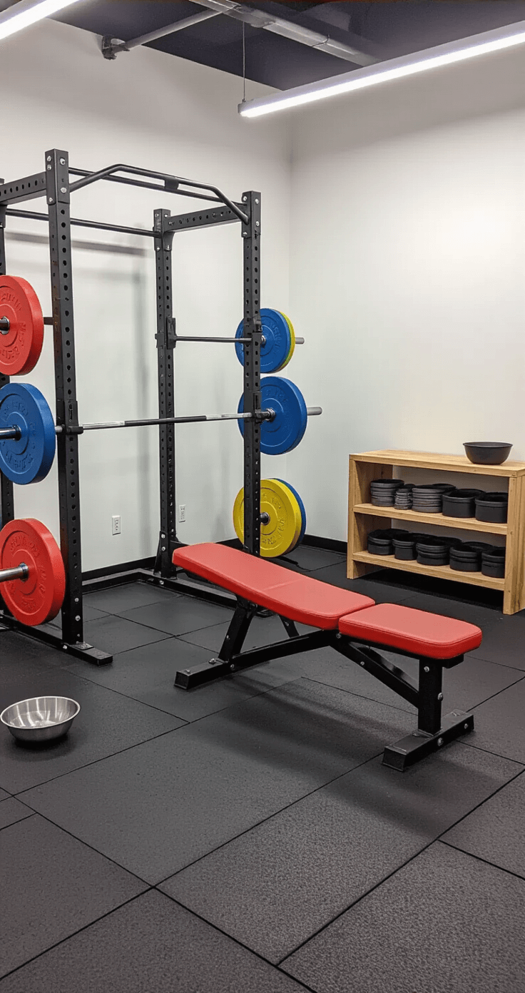 Transform Your Garage into a Personal Fitness Haven: Ultimate Home Gym Guide Medium shot of a gym setup featuring an Olympic barbell with colorful bumper plates on the floor, a black squat rack against white drywall, a red adjustable bench at a 45-degree angle, a weight plate storage tree, a chalk bowl on a wooden shelf, and dark gray rubber flooring, illuminated by natural light and LED strips, capturing a clean and minimalist aesthetic from a corner perspective.