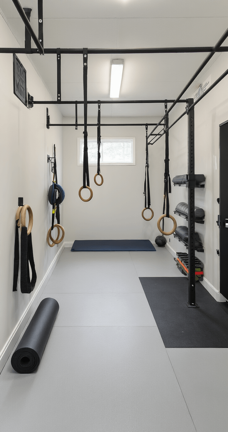 Transform Your Garage into a Personal Fitness Haven: Ultimate Home Gym Guide Overhead view of a minimalist garage gym featuring a wall-mounted pull-up bar, hanging resistance bands, collapsible gymnastic rings, and a rolled yoga mat against white walls adorned with motivational quotes, set in a compact 10x12 space with light gray epoxy floors and black borders.