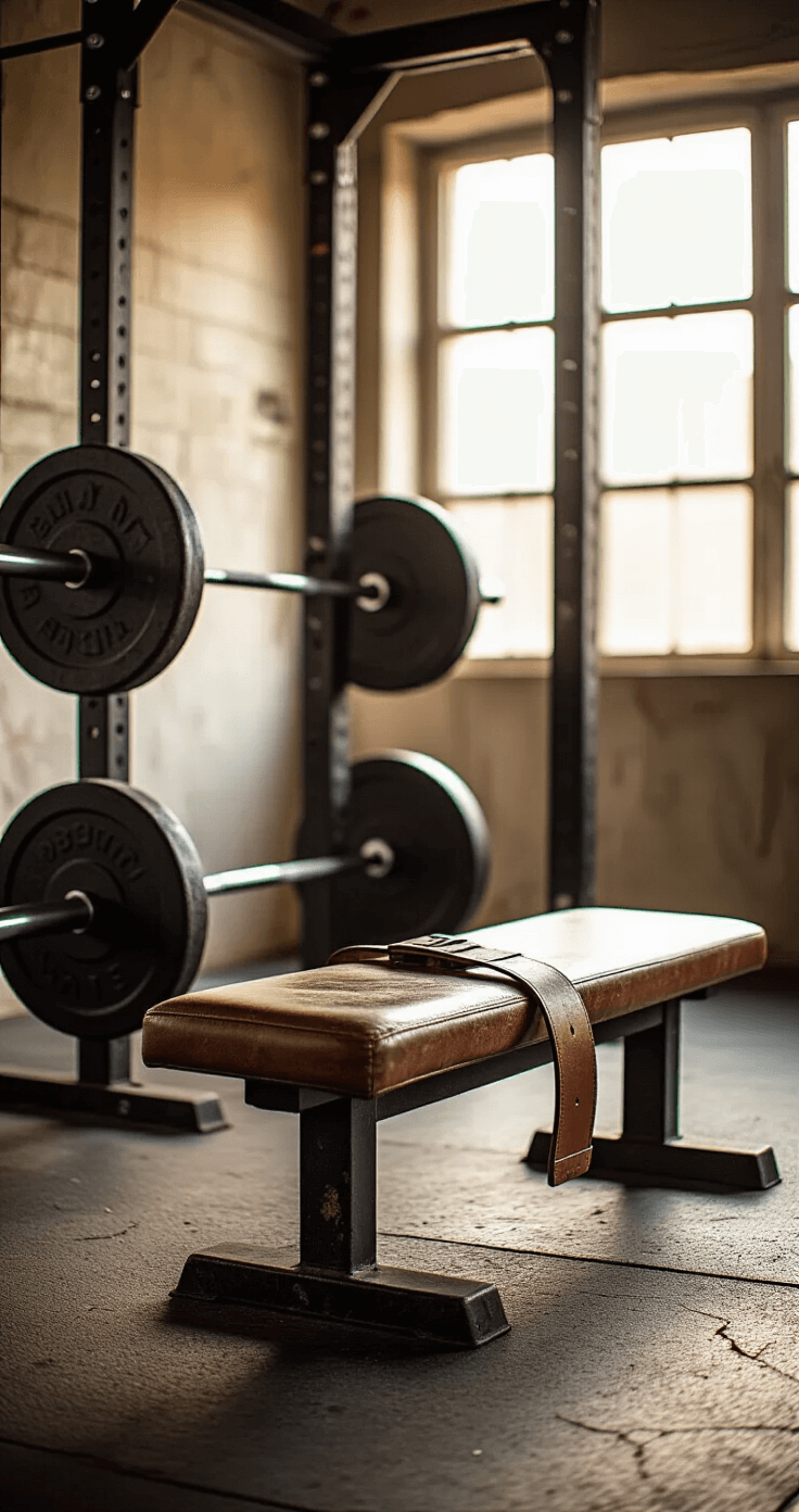 Transform Your Garage into a Personal Fitness Haven: Ultimate Home Gym Guide Close-up of a budget-friendly gym setup featuring vintage iron weight plates, a refurbished squat rack with rust patina, and a weathered leather lifting belt on a wooden bench, all captured in warm afternoon light against a backdrop of cracked rubber flooring and industrial concrete walls.