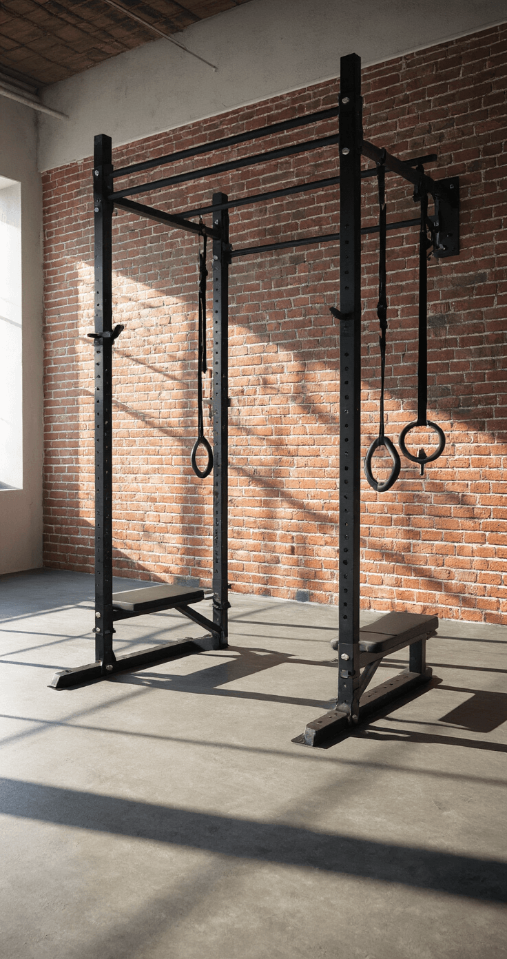 Transform Your Garage into a Personal Fitness Haven: Ultimate Home Gym Guide Dynamic calisthenics corner featuring a wall-mounted pull-up bar, parallel dip station, and suspension trainer, with dramatic side lighting casting strong shadows on an exposed brick wall and polished concrete floors, all in a black and steel color scheme, highlighting gymnastic chalk residue and emphasizing vertical training space.