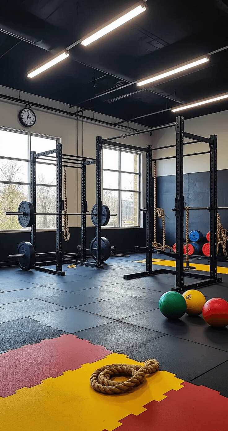 Transform Your Garage into a Personal Fitness Haven: Ultimate Home Gym Guide High-energy CrossFit gym setup featuring a power rack, barbells, medicine balls in a pyramid, coiled battle ropes, and a wall-mounted timer, all on colorful rubber flooring, designed for optimal workout flow and accessibility.