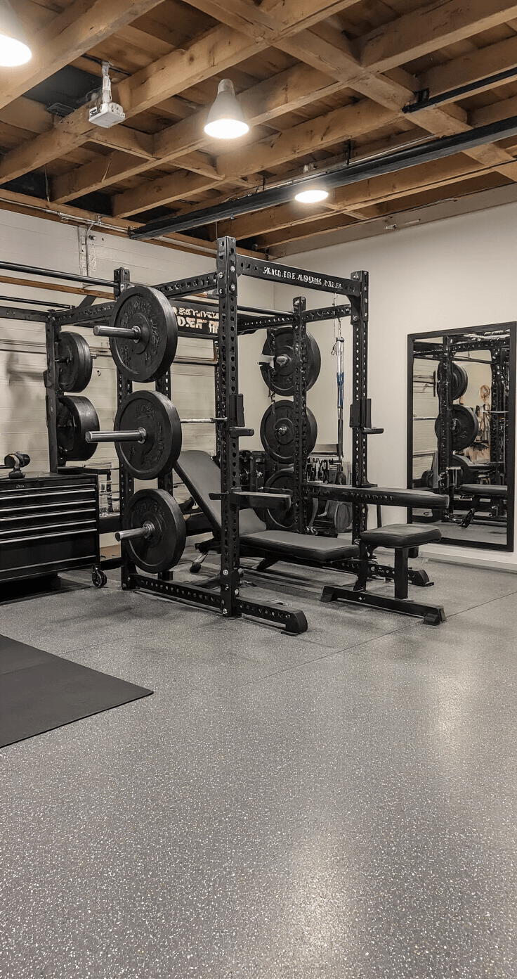 Transform Your Garage into a Personal Fitness Haven: Ultimate Home Gym Guide A professionally designed garage gym showcasing premium equipment such as a high-end power rack, competition plates, and a leather bench, illuminated by perfect evening lighting with a partially open garage door. The organized tool storage, epoxy floor with metallic flakes, and industrial ceiling with exposed beams enhance the space, while a motivational mirror wall highlights the before-and-after transformation, emphasizing investment value and personal achievement.