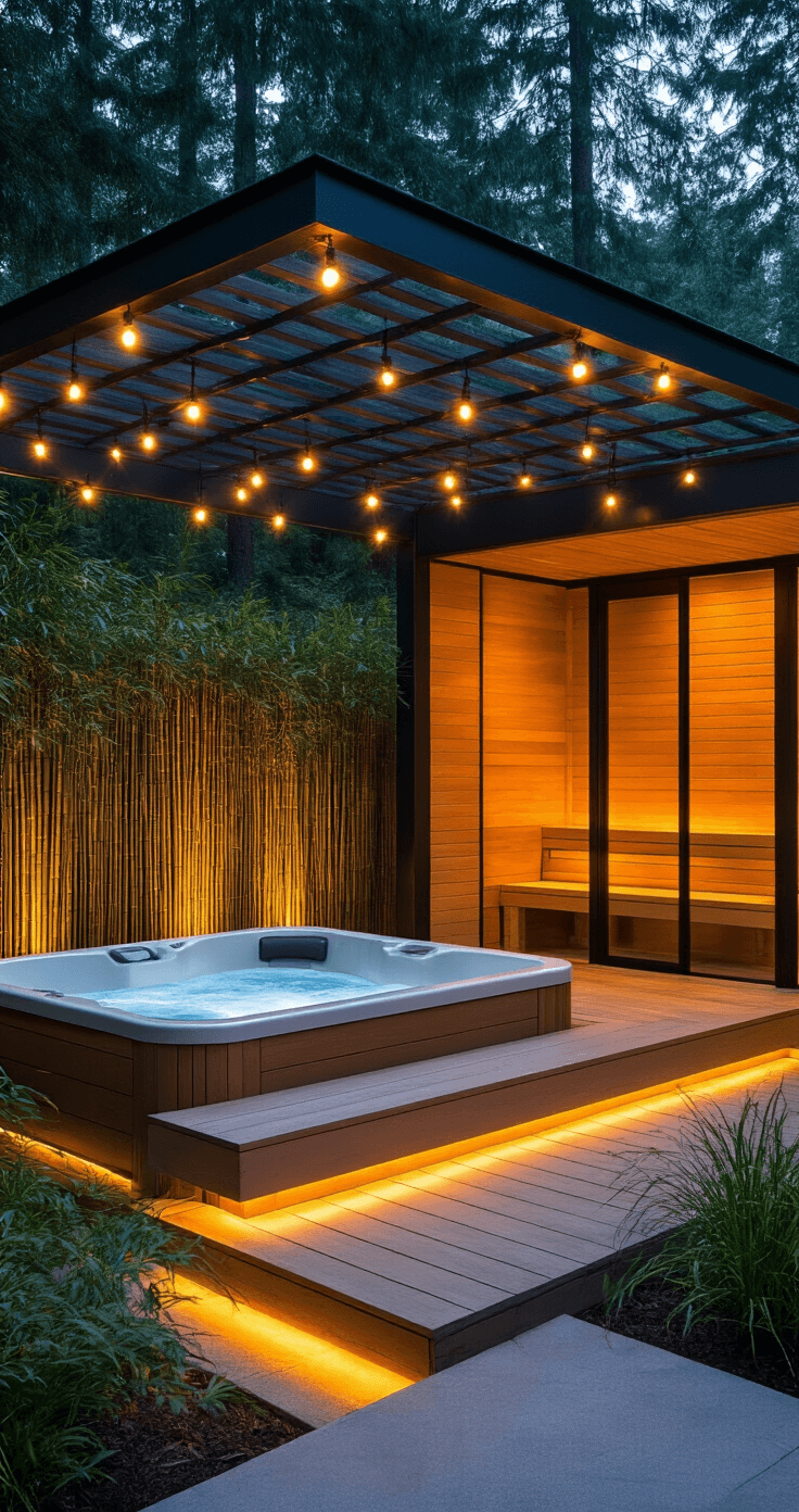 Intimate evening scene showcasing a modern spa zone with a pergola, warm string lights, a hot tub adjacent to a sauna, and lush bamboo landscaping, all captured from a low angle to highlight the architectural design and cozy atmosphere.
