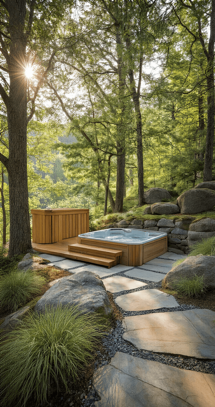 Serene morning landscape featuring a sauna and hot tub among mature trees, with dappled sunlight on stone pathways and boulder landscaping, framed by ornamental grasses in an earthy palette of greens, grays, and warm wood tones.