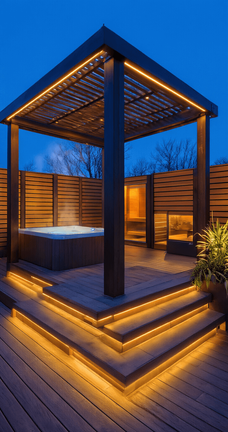 Sophisticated evening deck scene featuring an illuminated pergola, wooden privacy screens defining a spa zone, and a hot tub with steam beside a warm sauna glow, all showcased in a rich mahogany and charcoal color palette with brass accents and layered lighting.
