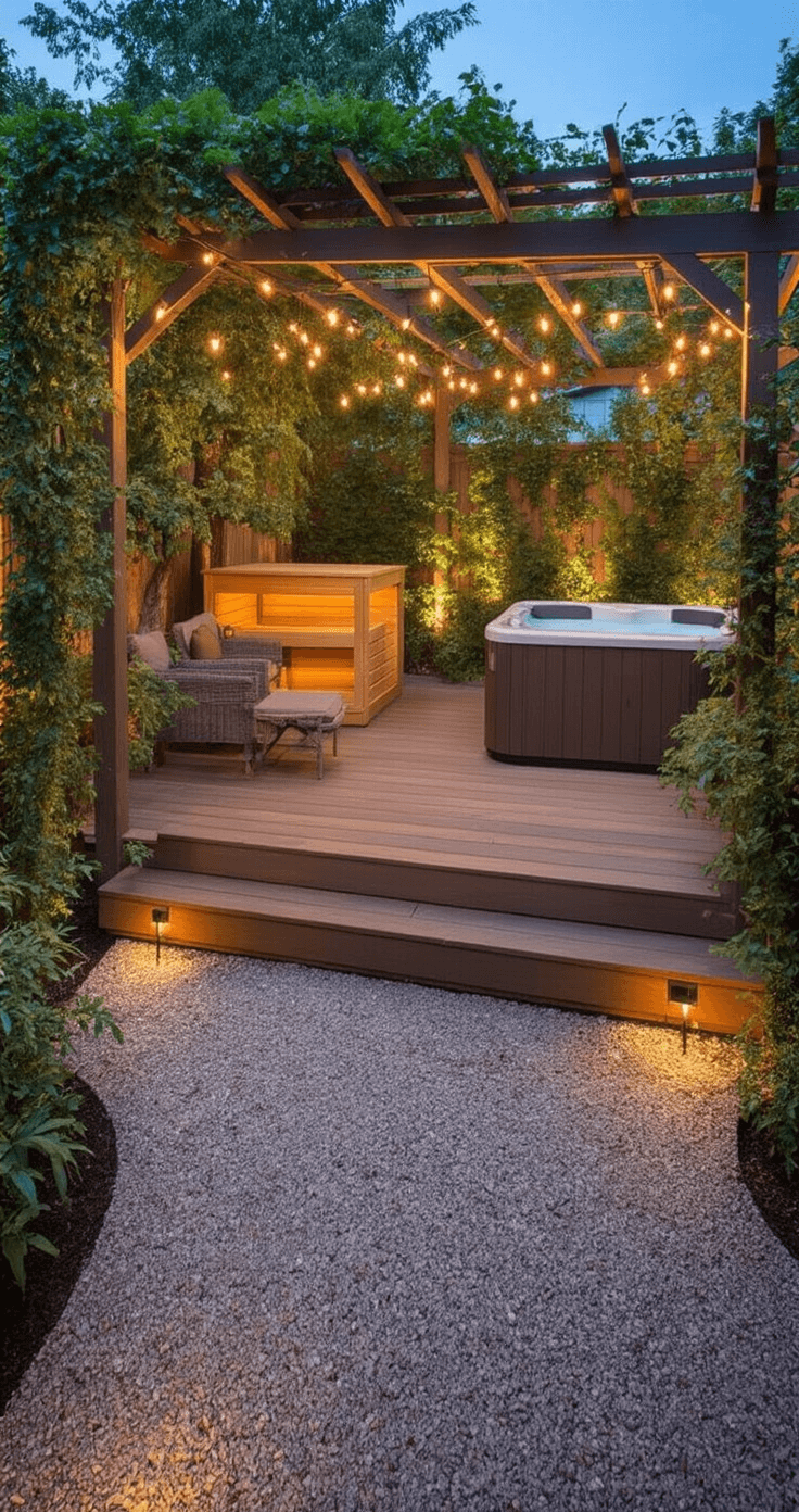 Twilight panorama of a transformed backyard featuring an elevated wooden deck with a pergola, cascading climbing vines, string lights overhead, a sauna, and a hot tub, surrounded by gravel pathways and landscaped areas in warm amber and deep green tones.