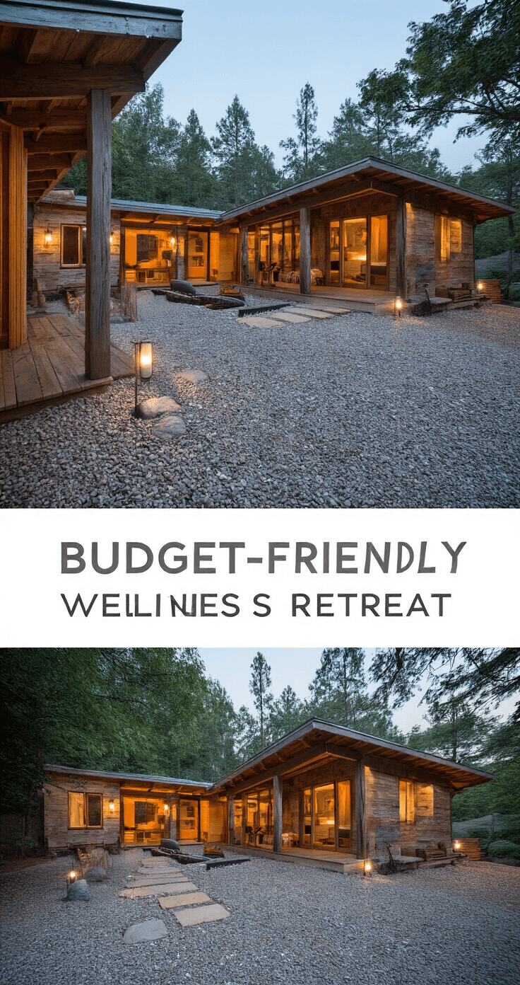A dawn scene of a budget-friendly wellness retreat featuring wooden structures on gravel foundations, with charming details from repurposed materials. Solar lighting illuminates pathways, showcasing natural weathered wood tones and silver-gray accents, all captured in documentary-style to highlight the practical yet beautiful design.