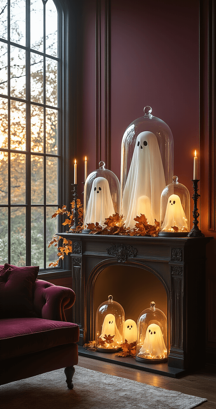 Spooky & Stylish: Ultimate Halloween Cloche Decor Guide Elegant living room mantelpiece at golden hour, featuring glass cloche domes with ethereal cheesecloth ghosts, Gothic candlesticks, and dried autumn foliage, against rich burgundy walls and a plush velvet armchair, creating an atmospheric and mysterious ambiance.