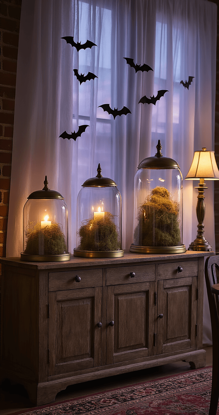 Spooky & Stylish: Ultimate Halloween Cloche Decor Guide Cozy dining room vignette at dusk, featuring a rustic wooden sideboard with glass cloches of Spanish moss and suspended paper bats, illuminated by antique brass hurricane lamps, against an exposed brick wall and a vintage Persian runner.