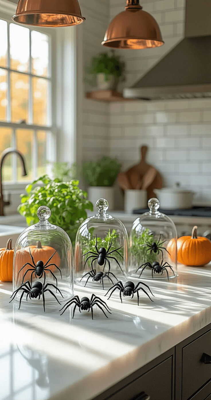 Spooky & Stylish: Ultimate Halloween Cloche Decor Guide A modern farmhouse kitchen island features a marble countertop with a collection of glass cloches containing realistic black spiders, casting long shadows in the late afternoon light. The white subway tile backsplash and copper pendant lights add a warm ambiance, while fresh herbs and pumpkins create an organic contrast. The macro angle highlights intricate details of the spiders and glass reflections.