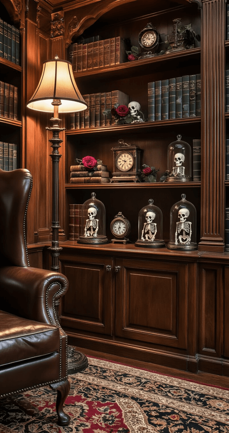 Spooky & Stylish: Ultimate Halloween Cloche Decor Guide A cozy library corner in the evening, featuring warm lamplight from a vintage banker's lamp, mahogany bookshelves displaying spooky chic cloches with miniature skeletons, antique pocket watches, and dried roses, accented by a Persian carpet and a leather wingback chair, all set in rich emerald and gold tones for a sophisticated gothic atmosphere.