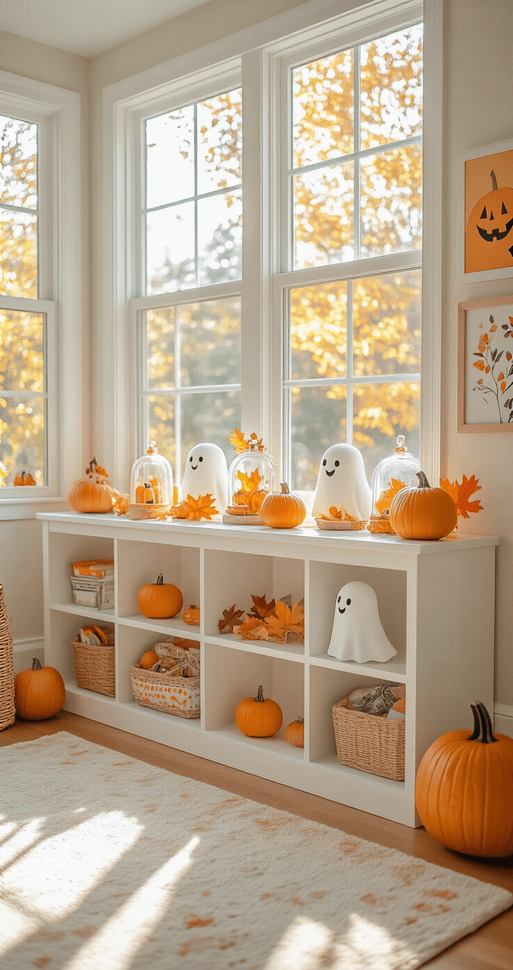 Spooky & Stylish: Ultimate Halloween Cloche Decor Guide Brightly lit playroom corner featuring white shelving with Halloween cloches, friendly ghosts, tiny pumpkins, and autumn leaves, complemented by pastel orange and yellow accents, children's artwork, and a soft play rug, all captured from a child's eye level for a whimsical, festive atmosphere.