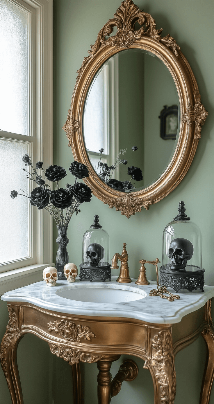 Spooky & Stylish: Ultimate Halloween Cloche Decor Guide Elegant powder room vanity adorned with vintage brass cloches holding dried black flowers, miniature crystal skulls, and antique keys, all bathed in soft morning light from a frosted window. The marble countertop and ornate gold mirror reflect a sophisticated blend of gothic elegance and luxurious Halloween charm against sage green walls.