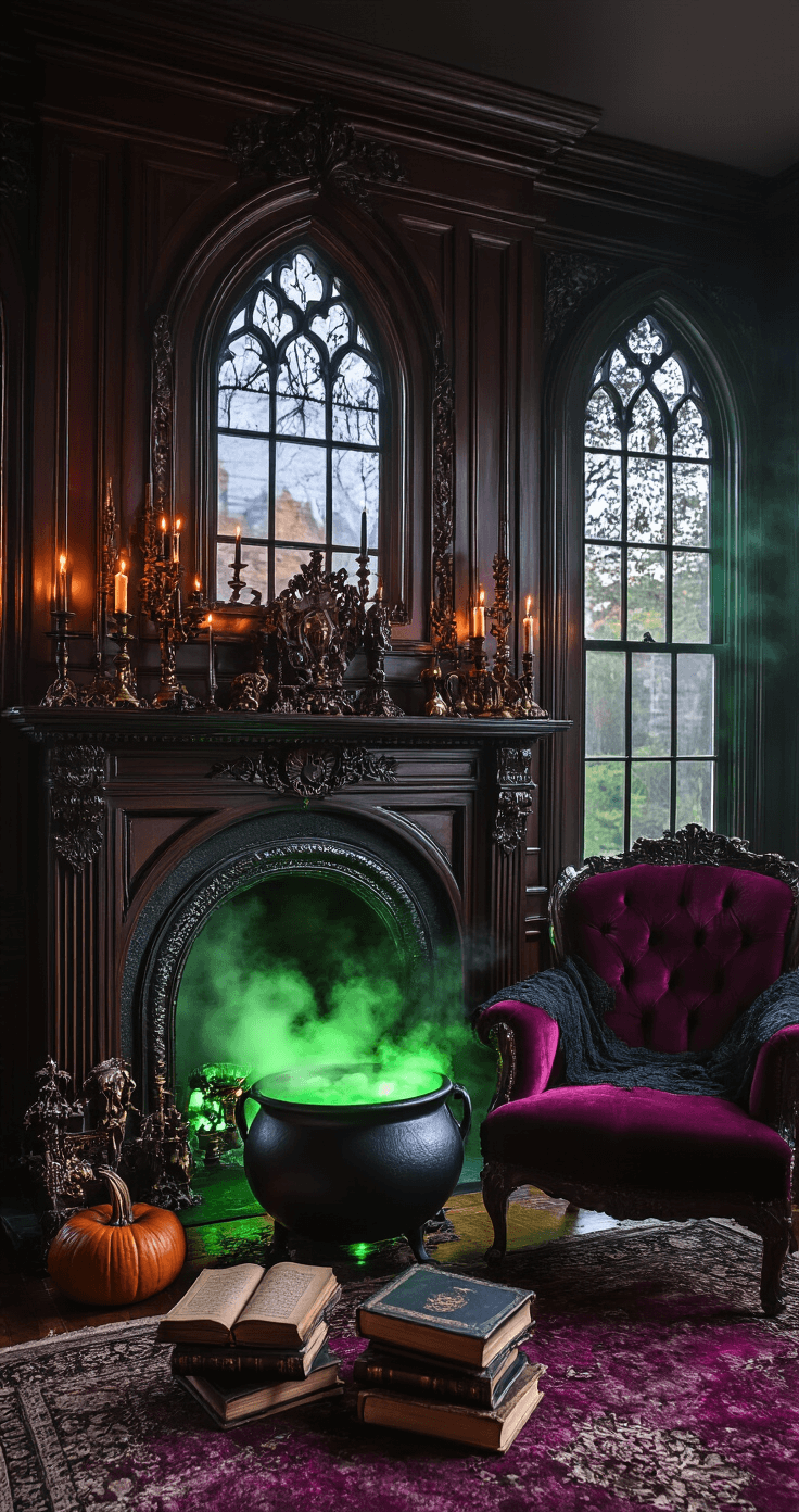 A Victorian living room transformed into a witch's lair for Halloween, featuring a bubbling cauldron on an ornate fireplace mantel, eerie emerald and violet LED lights, tattered black lace draped over mahogany furniture, flickering candles in antique brass candlesticks, scattered spell books on a burgundy velvet armchair, and gothic arched windows framing a twilight sky, all captured from a low angle to accentuate dramatic ceiling shadows and moody ambient lighting.