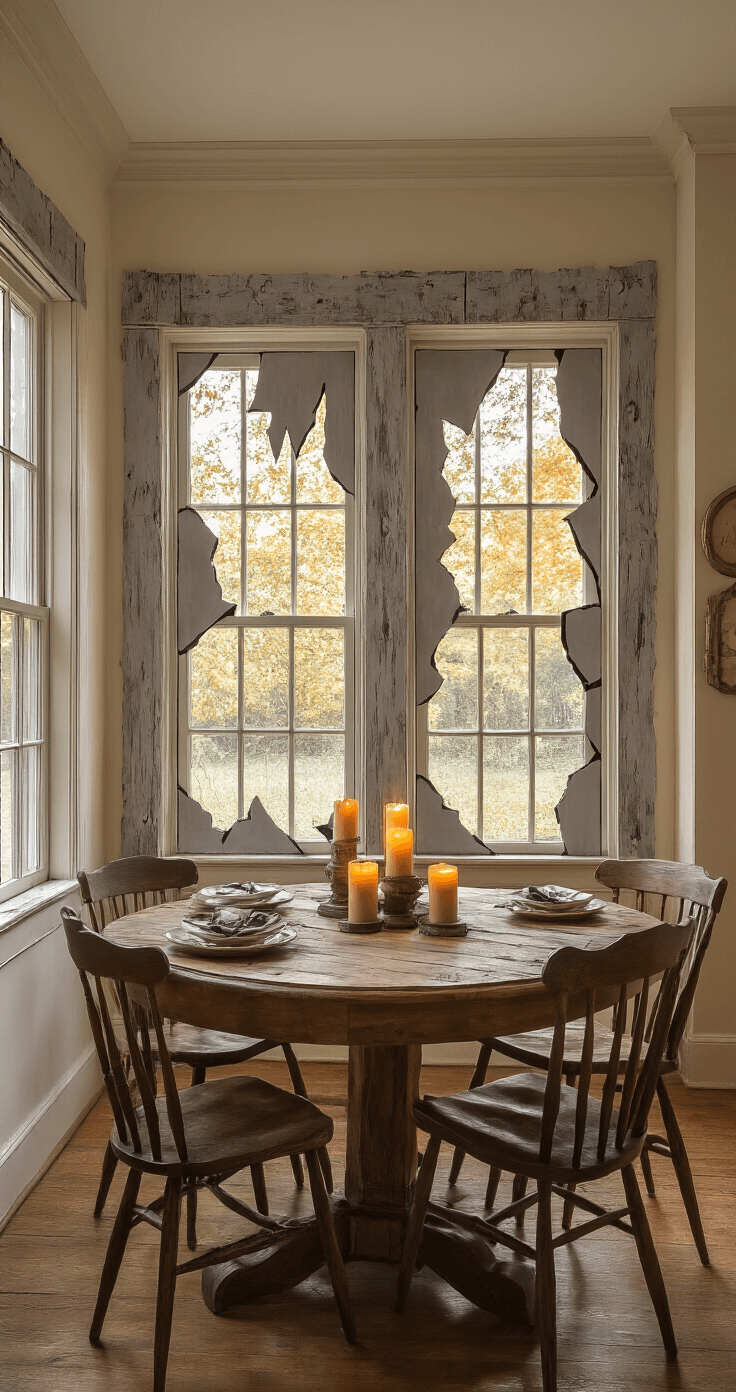Cozy Halloween-themed dining room in a cottage, featuring ghostly window transformations with distressed cardboard panels and warm honey oak furniture, softly illuminated by amber LED candles, creating an inviting yet spooky atmosphere.