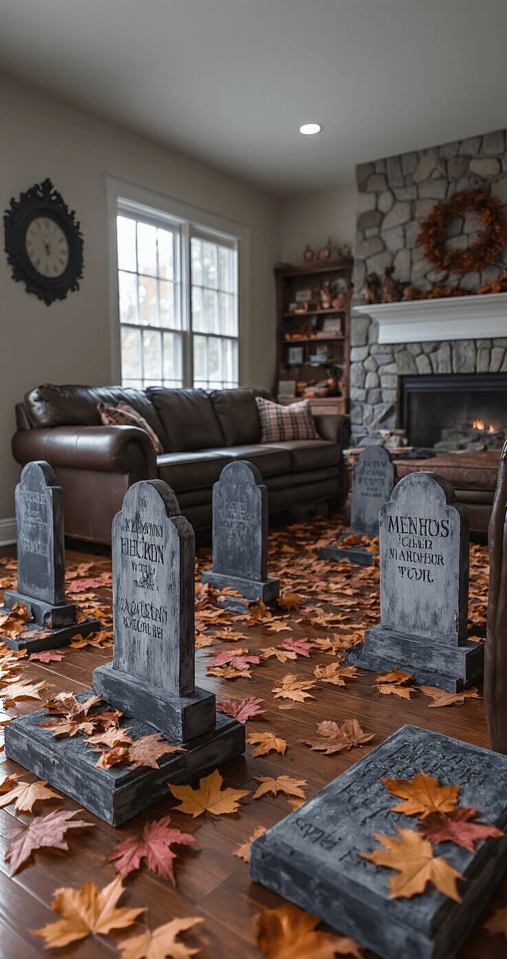 A rustic family room transformed into an indoor graveyard scene featuring cardboard tombstones with distressed lettering, scattered autumn leaves, a stone fireplace backdrop, and fake spider webs, all bathed in cool-toned lighting with purple undertones for a spooky yet cozy atmosphere.
