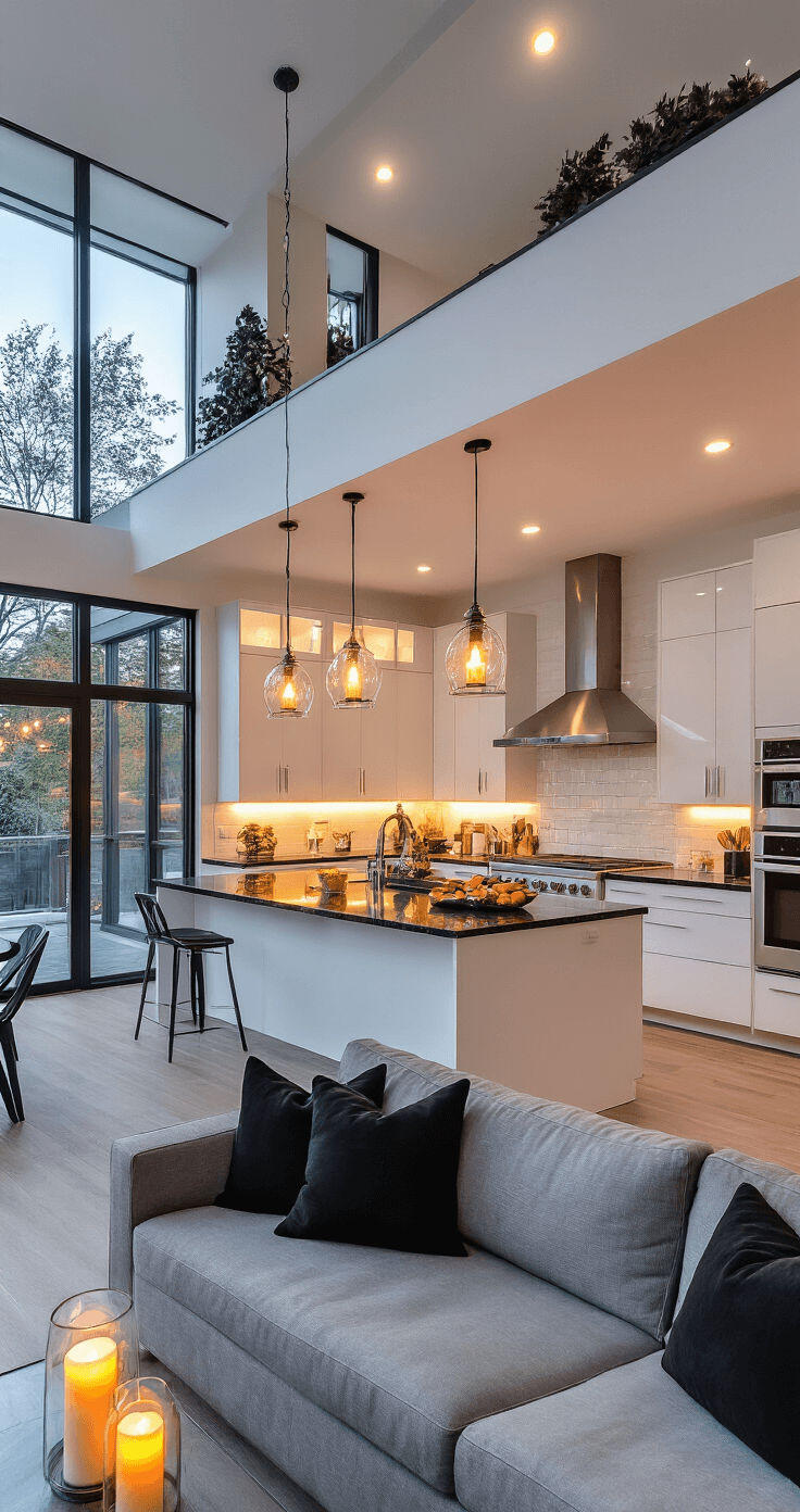 A modern open-concept kitchen and living area adorned with Halloween-themed lighting, featuring a sleek white kitchen island, dark granite countertops, and LED candles in glass hurricanes, alongside a contemporary gray sectional sofa, black throw pillows, and warm amber glow sticks in glass vases, all illuminated by flickering candlelight, with a dusk sky visible through floor-to-ceiling windows.