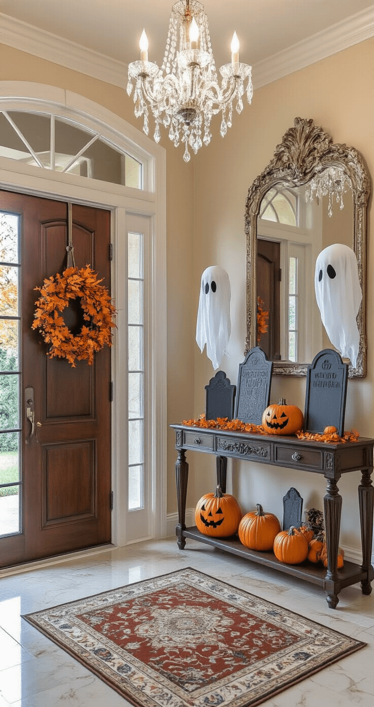 Elegant entryway foyer with polished marble floors, ornate area rug, and weatherproofed Halloween decorations including painted tombstones and fabric ghosts, all reflected in a vintage mirror under a crystal chandelier, showcasing a mahogany front door with an autumn wreath.