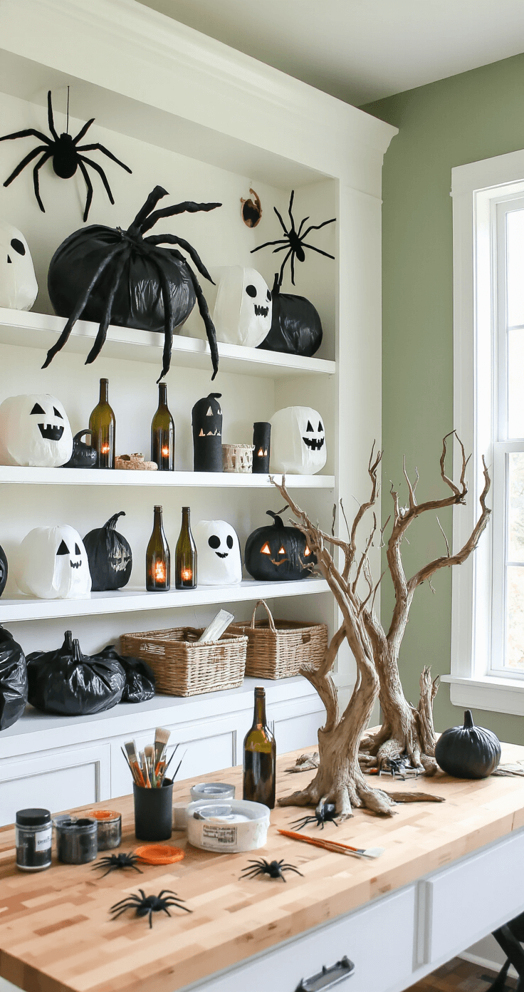 Charming craft room filled with recycled Halloween decorations, featuring black trash bag spiders, wine bottle lanterns, and gnarled branches as centerpieces. A butcher block table is scattered with crafting supplies under large windows, all set against sage green walls with white trim, captured from an overhead angle.